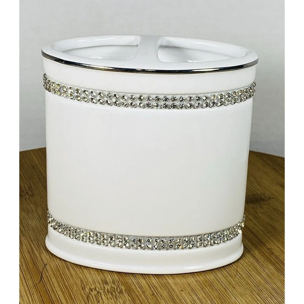 Bella Lux White Ceramic Toothbrush Holder, Silver Rhinestone Bands, Glossy Glam